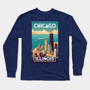 A Vintage Travel Art of Chicago - Illinois - US Long Sleeve T-Shirt